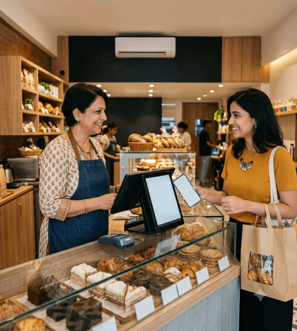 Indian baker handing fresh bread to a customer at her neighbourhood bakery
