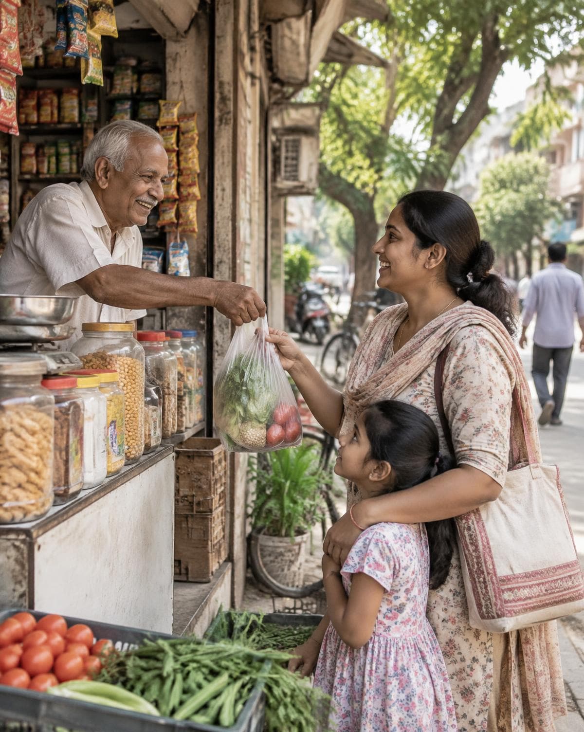 Elderly neighborhood shopkeeper handing a bag of vegetables to a mother and daughter