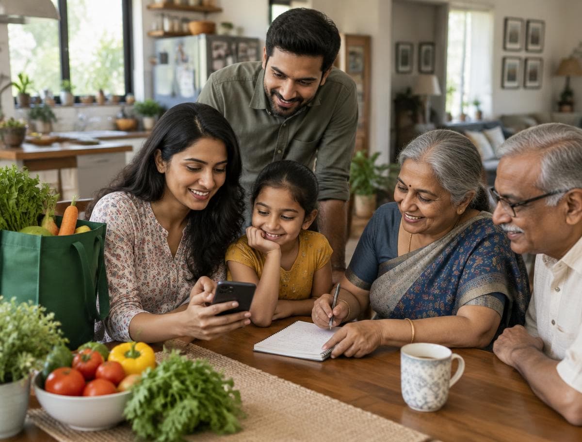 Family coordinating a shopping list together at home