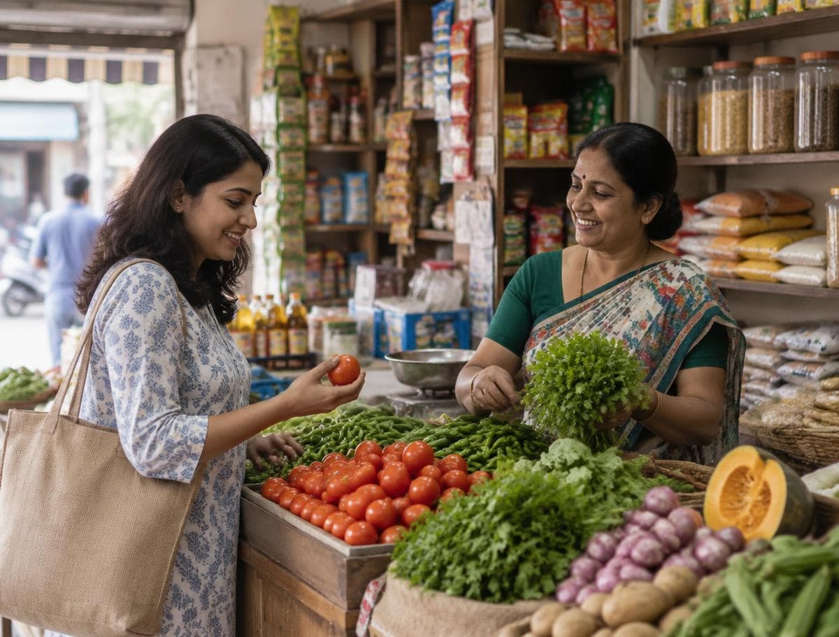 Indian woman choosing fresh vegetables at her neighborhood kirana stall