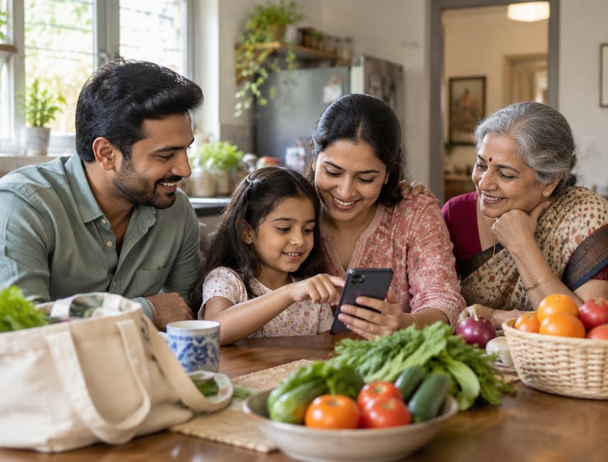 Indian family looking at the Lystout app together around the kitchen table