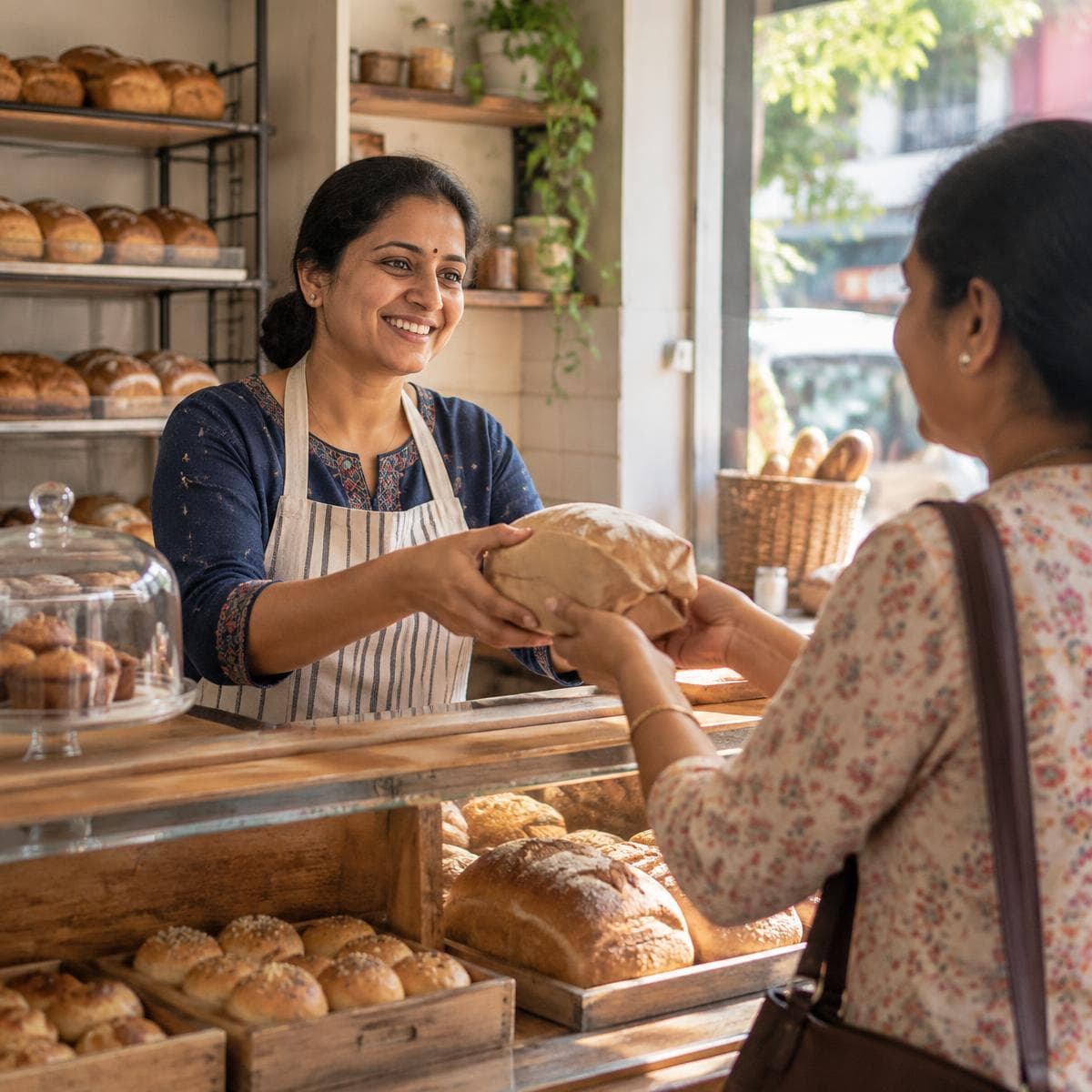 Indian baker handing fresh bread to a customer at her neighborhood bakery