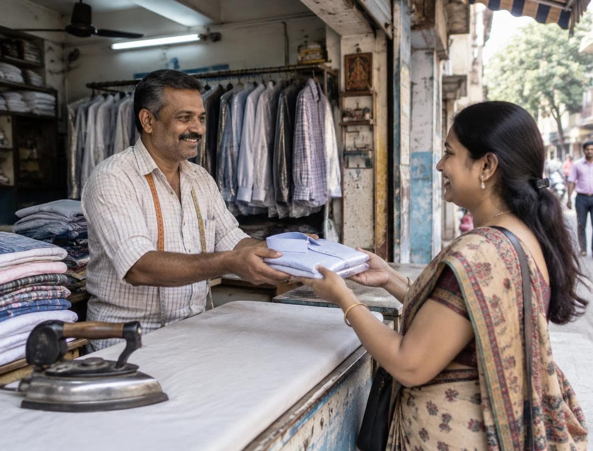 Neighborhood tailor handing a freshly pressed shirt to a customer