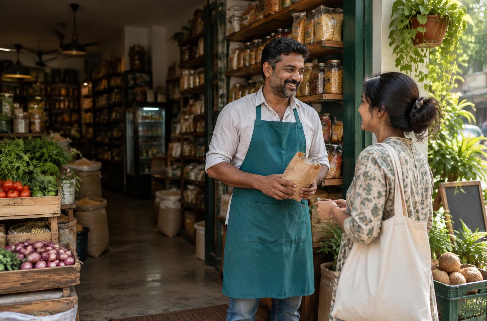 Neighborhood shopkeeper greeting a local customer