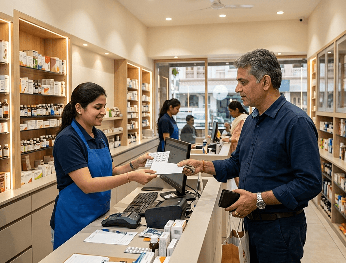 Pharmacist handing a prescription slip to a customer at a neighbourhood pharmacy counter