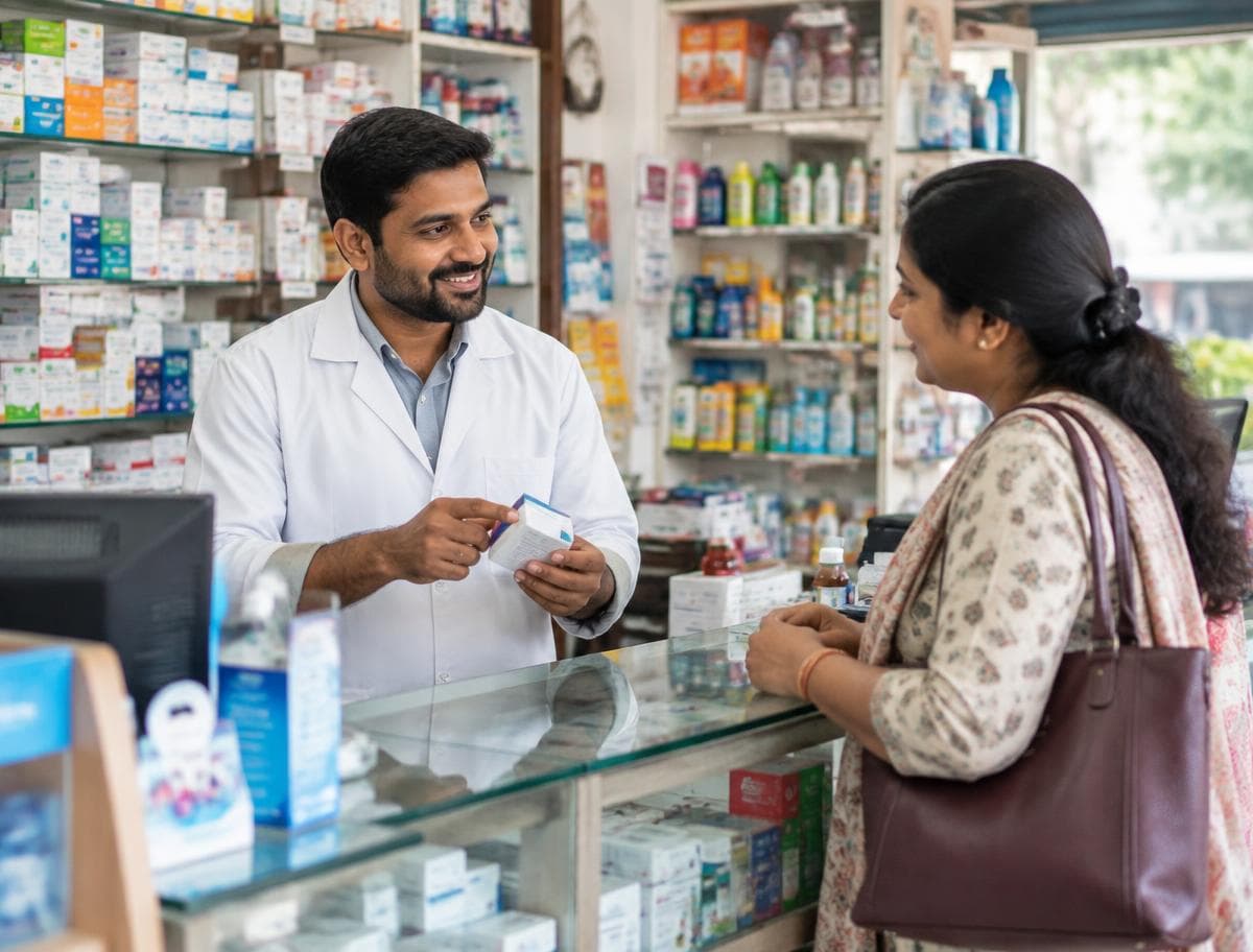 Indian pharmacist welcoming a customer at his neighborhood pharmacy